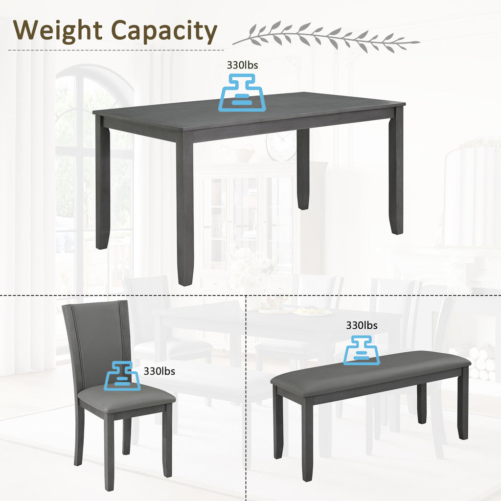 6-Piece Dining Table Set with Bench and Chairs