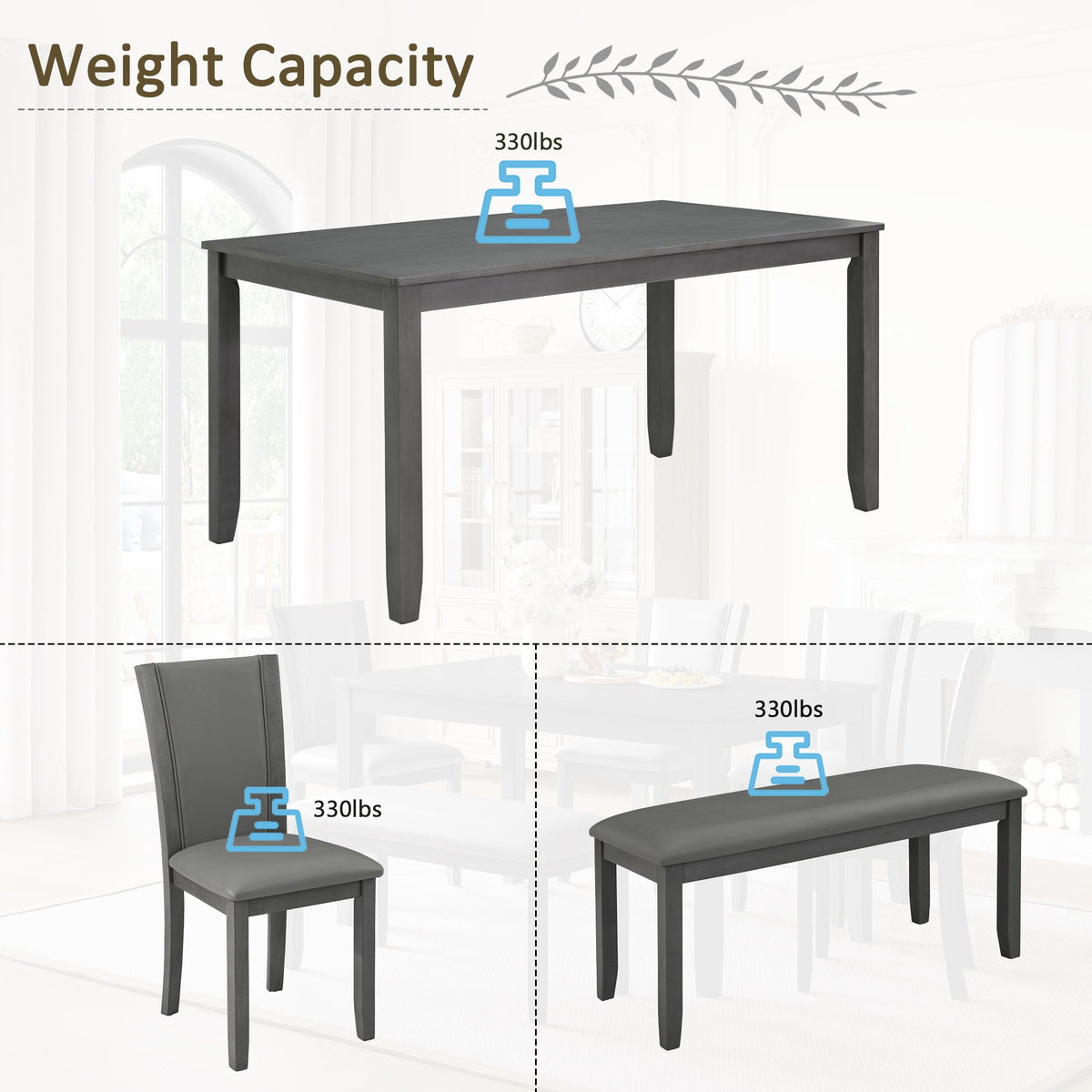 6-Piece Dining Table Set with Bench and Chairs