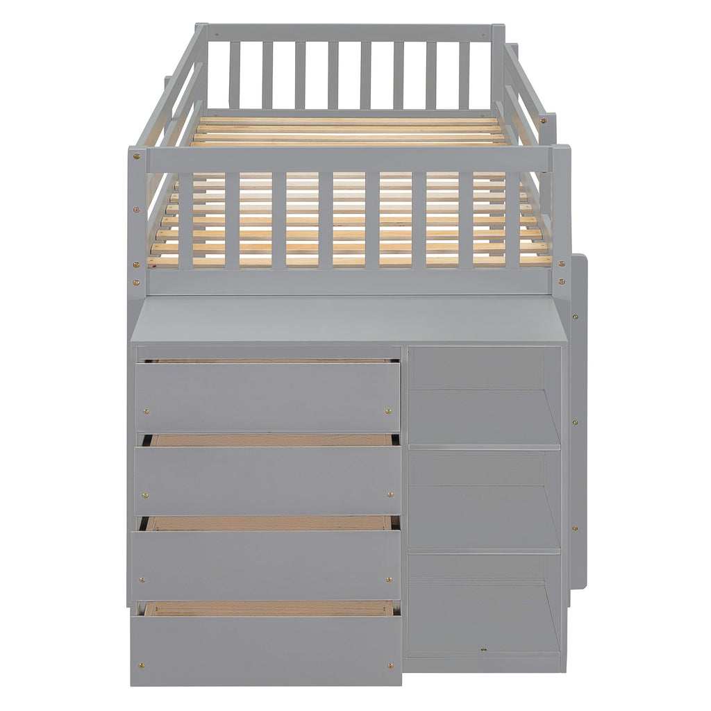 Twin Over Twin Bunk Bed with 4 Drawers and 3 Shelves - Gray