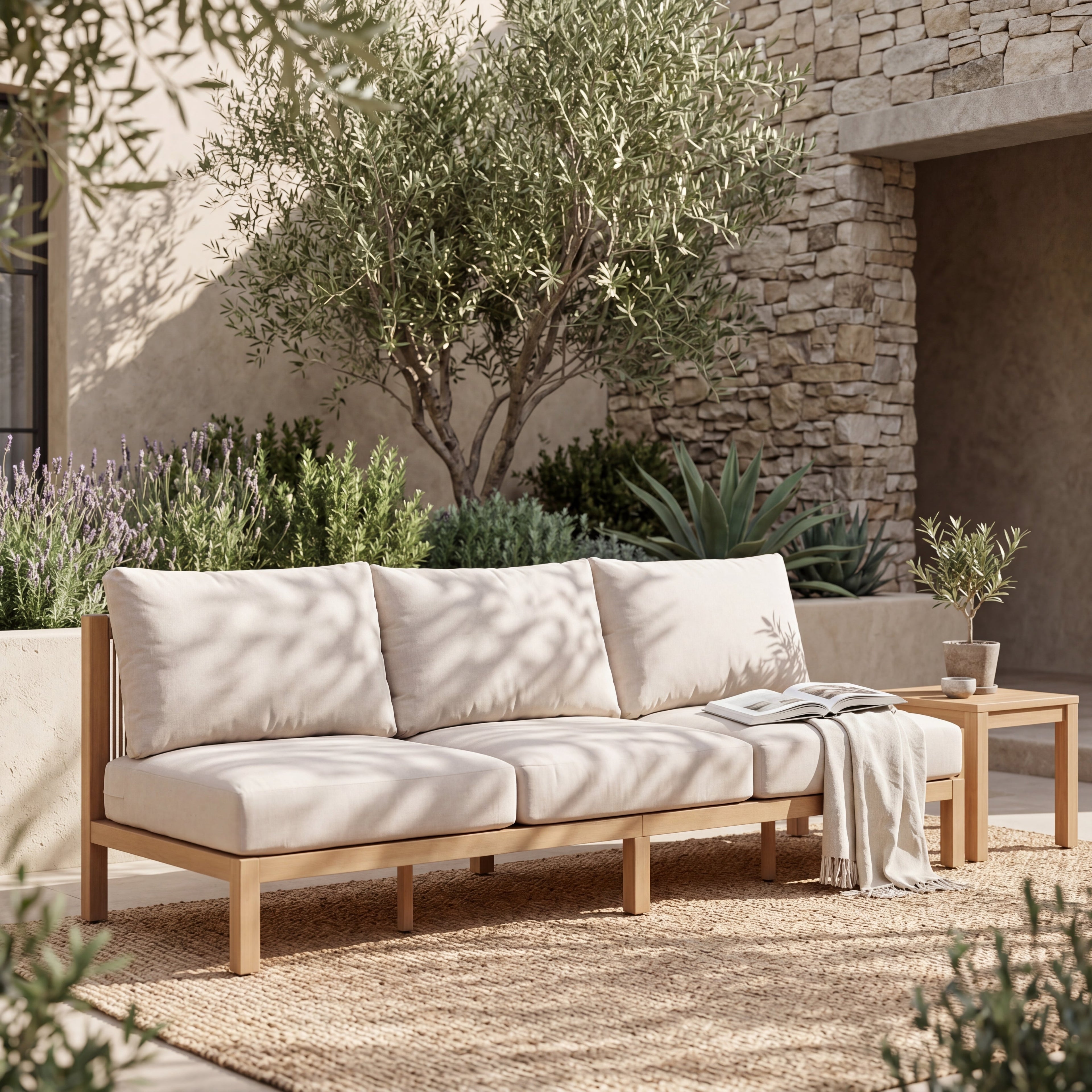 73.23" Outdoor Acacia Wood Frame Three-Seater Sofa