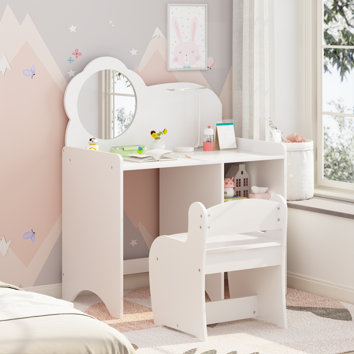 Kids Vanity Table with Mirror and Chair