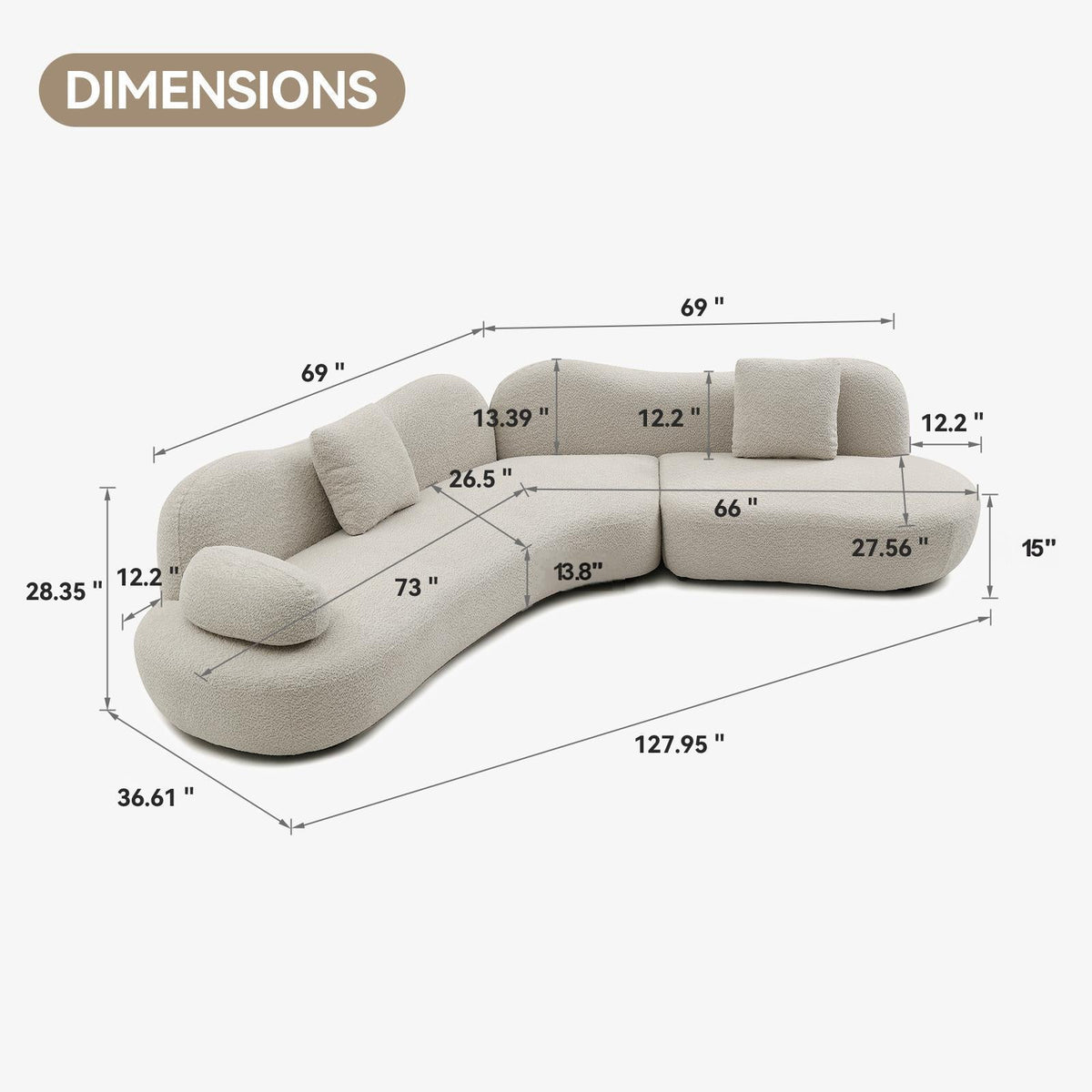 Modern Curved Modular Sofa, Boucle 5-Seater