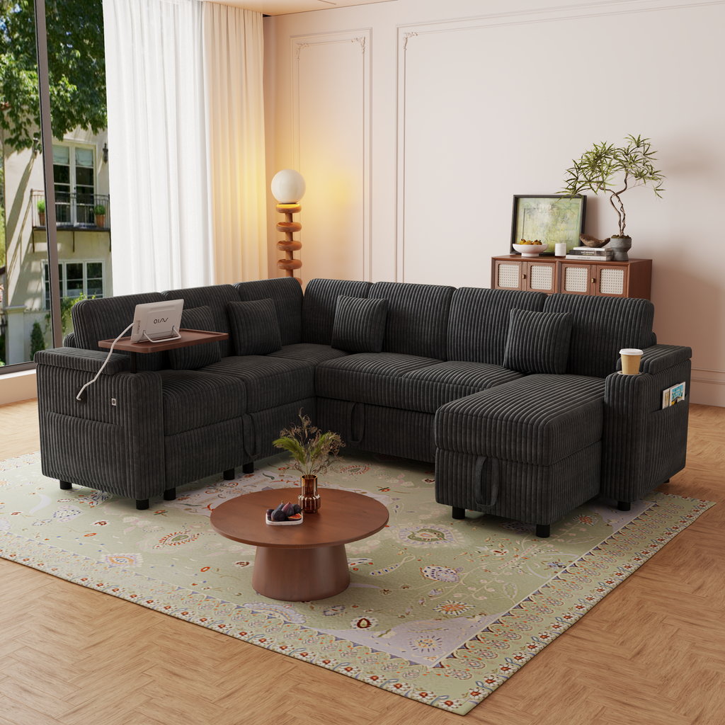 100-Inch Pull-Out Sofa with USB Ports, Table Board & Cup Holder