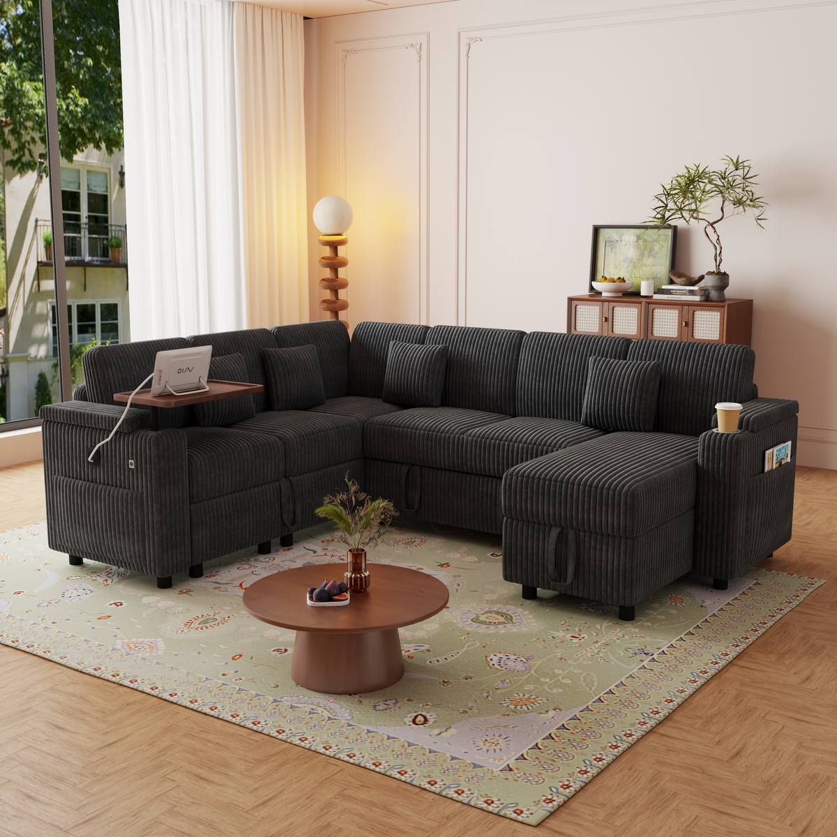 100-Inch Pull-Out Sofa with USB Ports, Table Board & Cup Holder