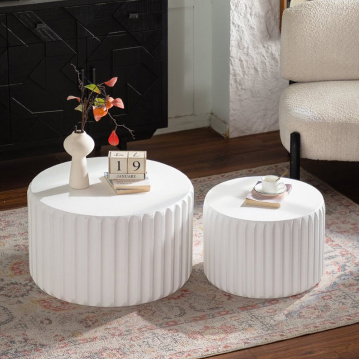 White Scalloped Round Coffee Table Set