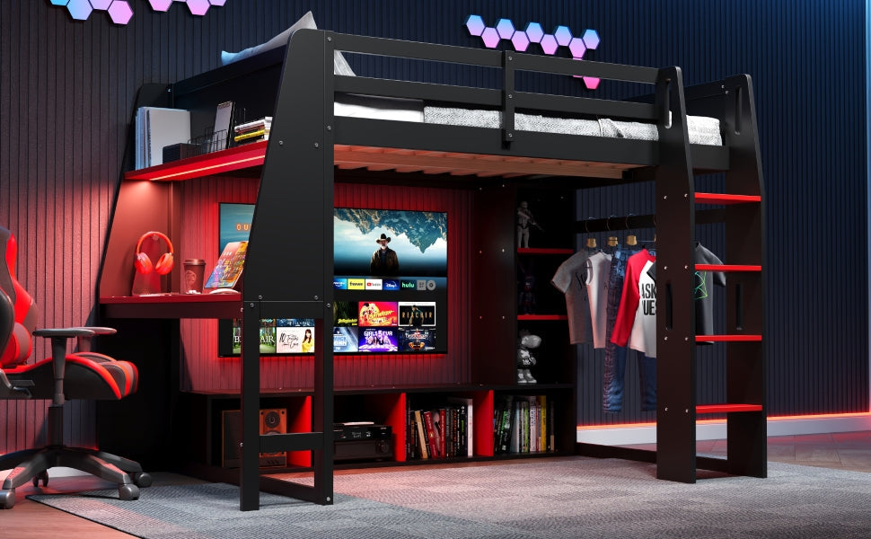 Wood Twin Size Gaming Loft Bed with Desk, Multi-storage Shelves, LED and a Hanging Clothes Rack