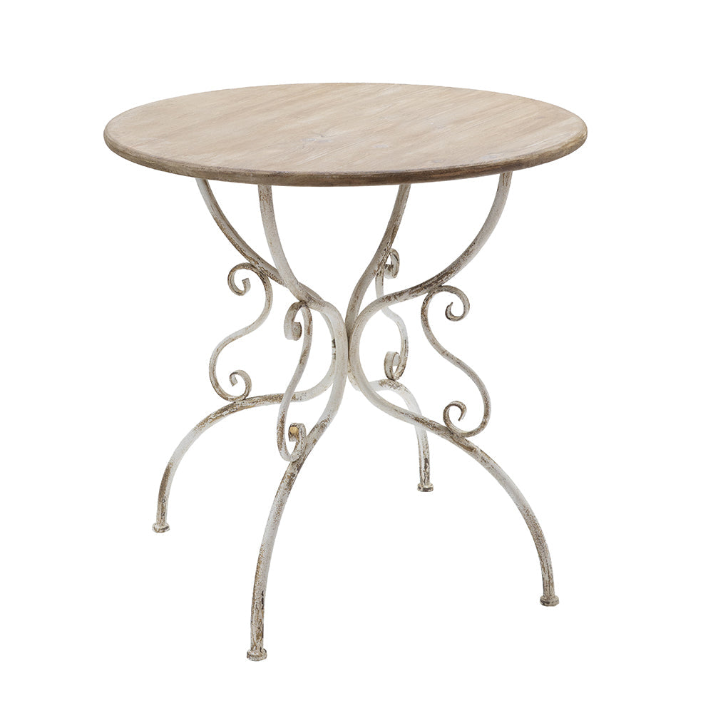 D31.5x31.5" Round Wooden Table with Metal Scrollwork Legs