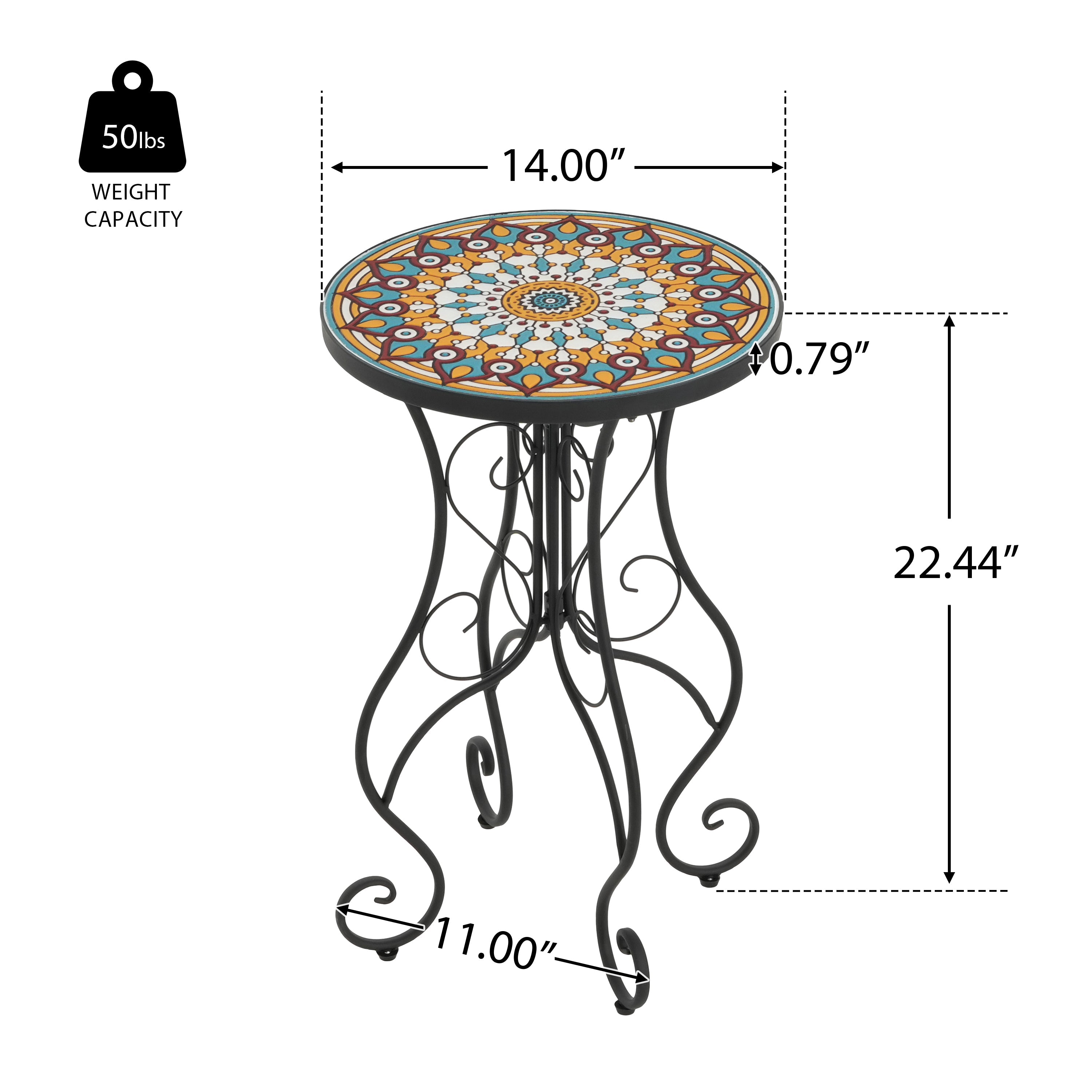 Round Ceramic Outdoor Side Table, Colorful + Black