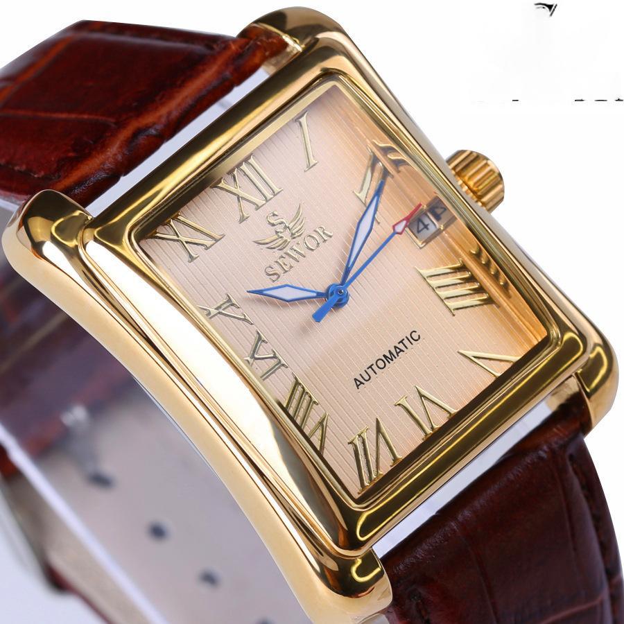 Mens Automatic Mechanical Square-case Leather-strapped Mens Watch Calendar Wristwatch