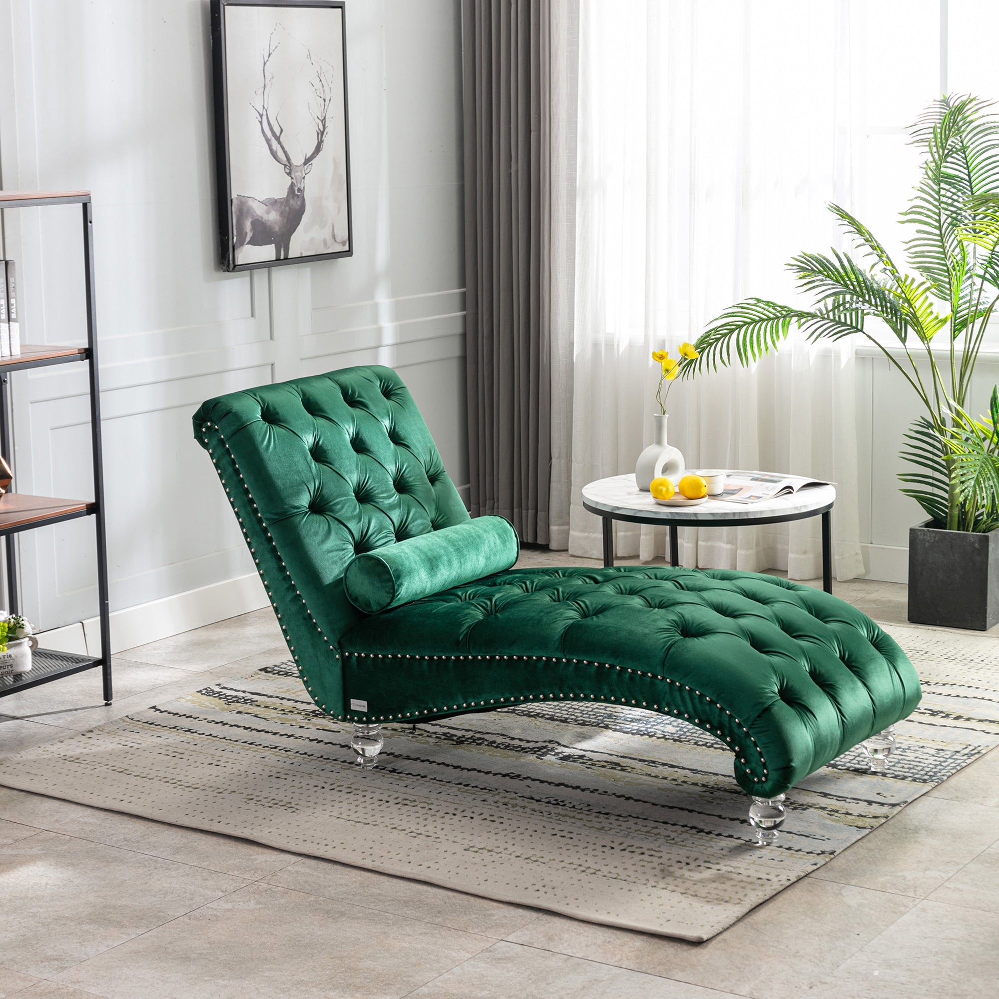 Velvet Chaise Lounge Indoor Chair (Emerald Velvet)
