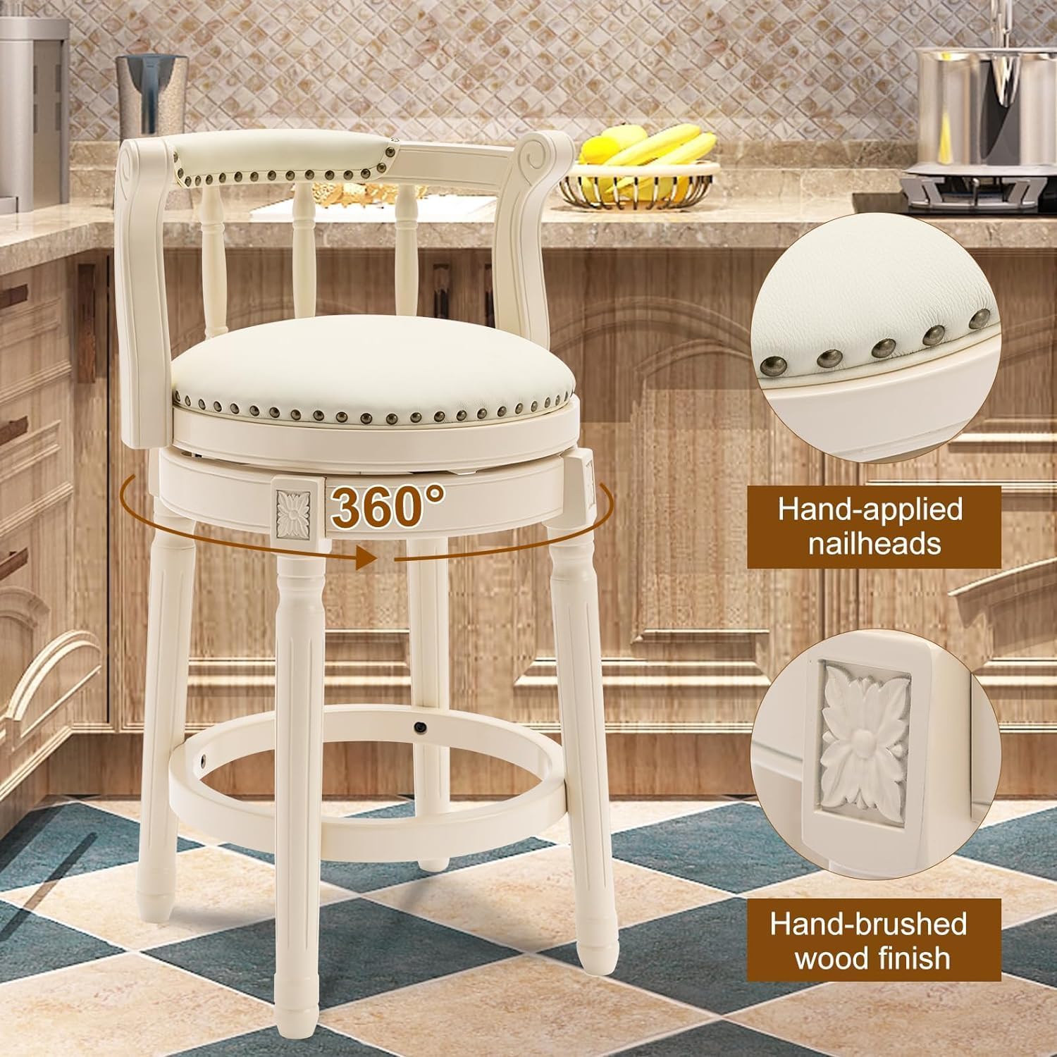 Leather Wooden Bar Stools - 26'' Seat Height