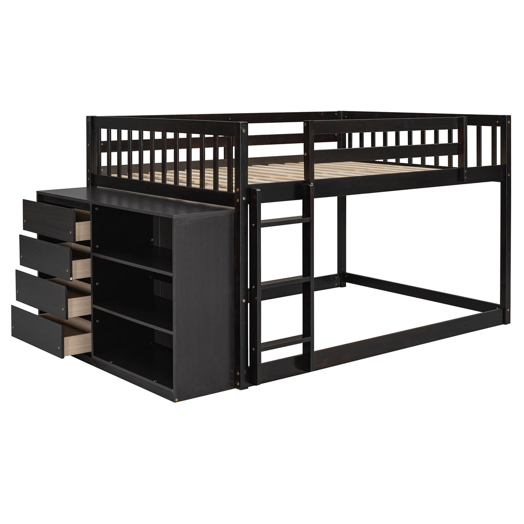 Full Over Full Bunk Bed with 4 Drawers and 3 Shelves - Espresso