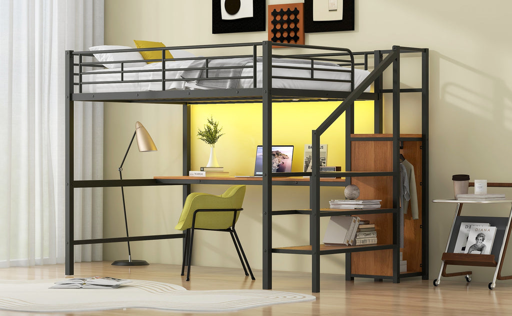 Full Size Metal Loft Bed with Desk, Storage Staircase, Small Wardrobe and LED Light