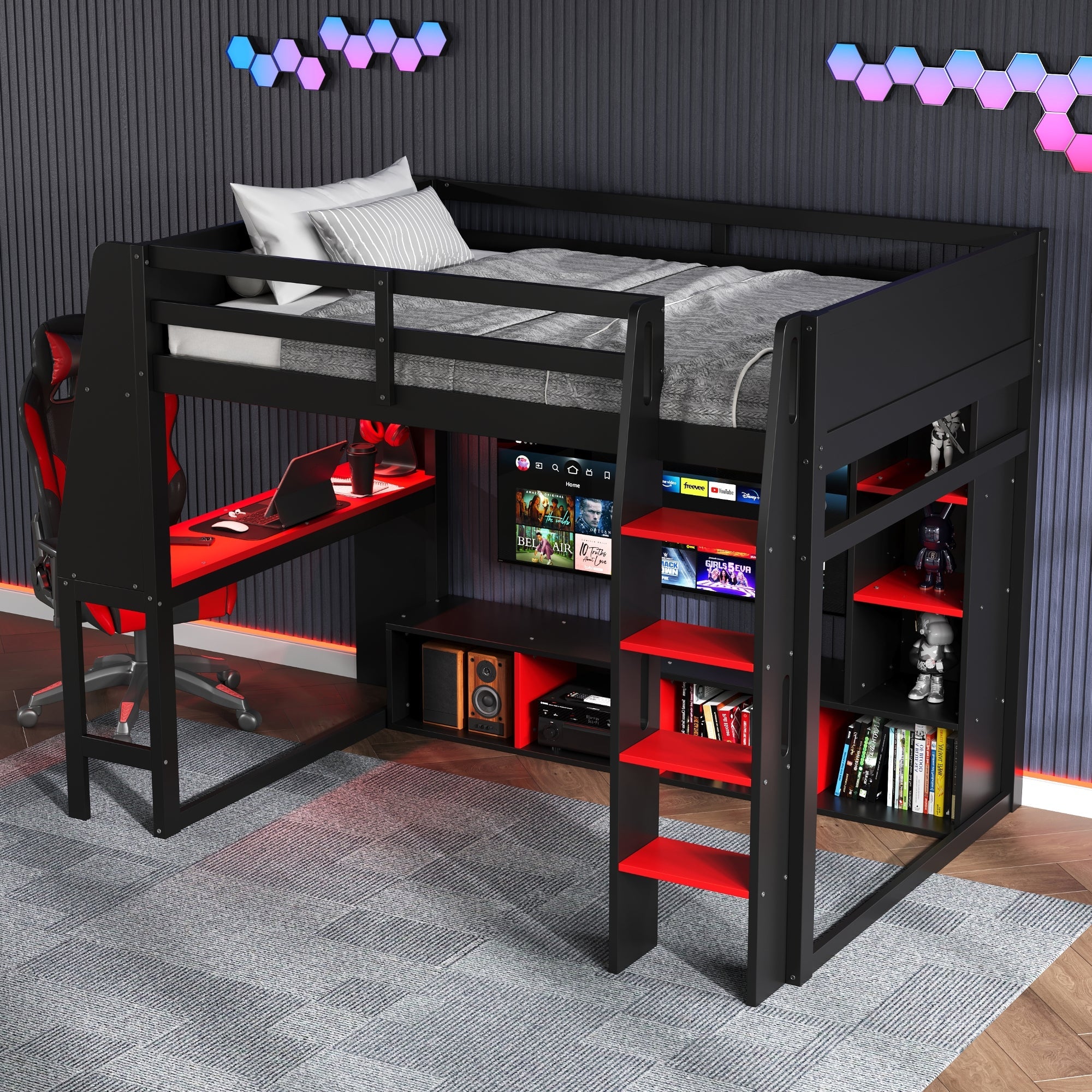Wood Twin Size Gaming Loft Bed with Desk, Multi-storage Shelves, LED and a Hanging Clothes Rack