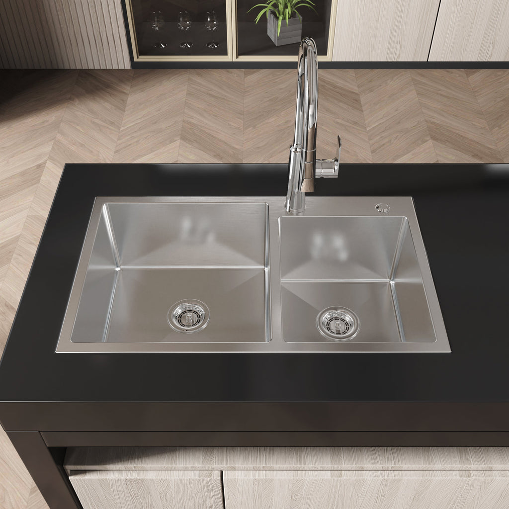 Stainless Steel Kitchen Sink, 32″x19″ Double Bowl in Brushed Nickel