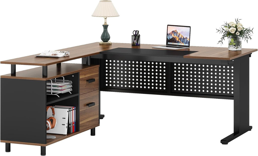 63" L-Shaped Executive Desk with File Cabinet