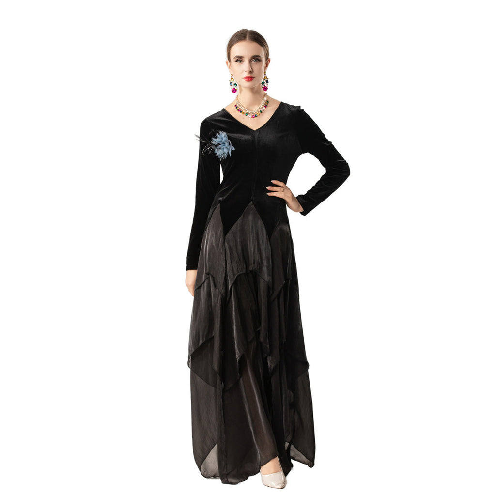 Velvet Smooth V-neck Long-sleeve Patchwork Asymmetrical Hem Maxi Dress