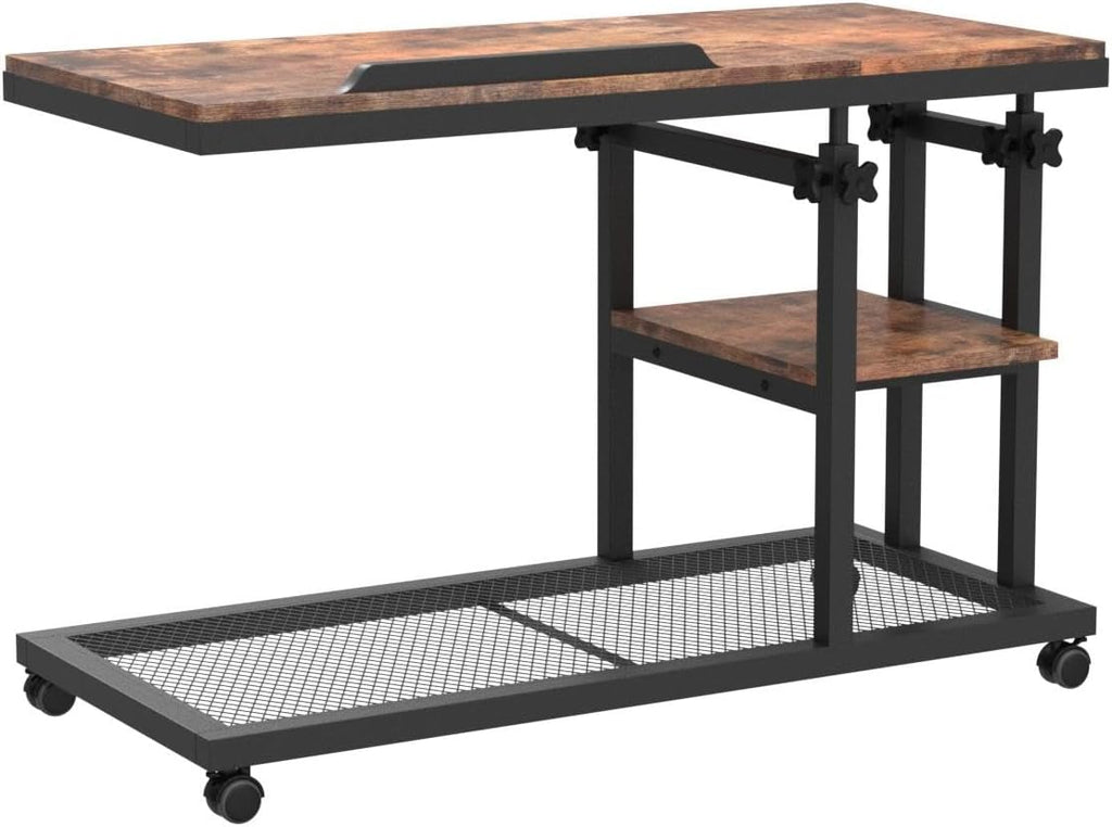 Rustic 32” Width Adjustable C-Shaped End Table with Wheels