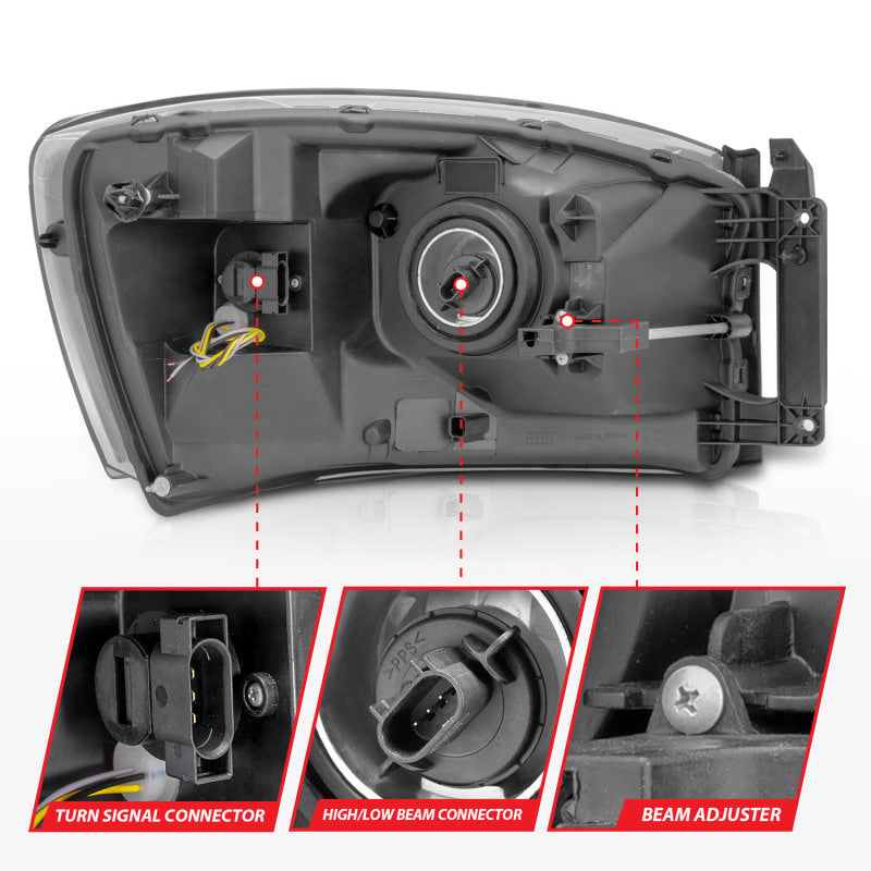 Anzo 06-09 Dodge RAM 1500/2500/3500 Headlights Black Housing/Clear Lens (w/Switchback Light Bars) 111526
