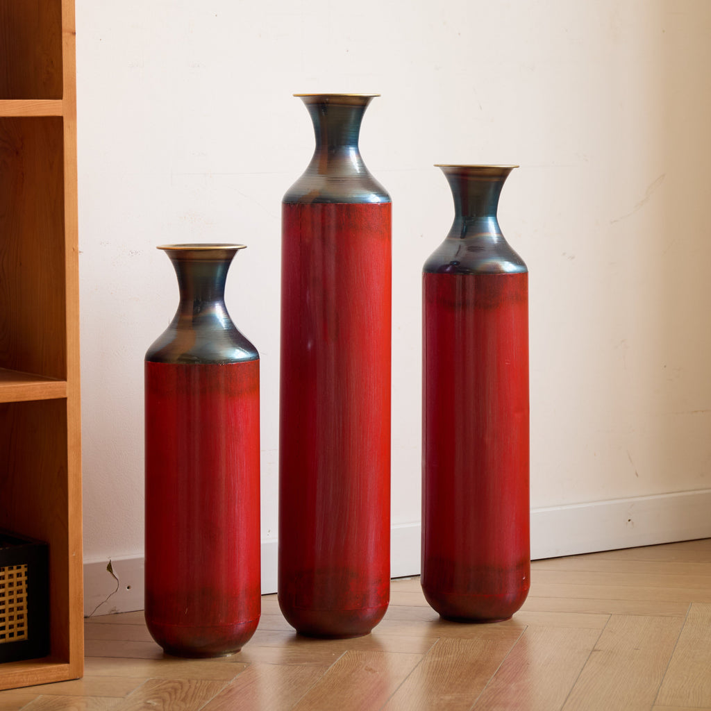 Artisanal Fire-Finished Metal Vases, Set of 3