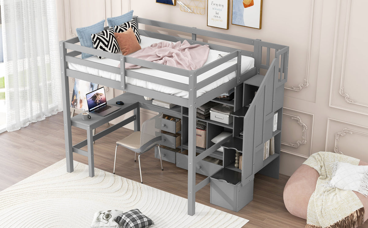 Full Size Loft Bed with L-Shaped Desk and Drawers