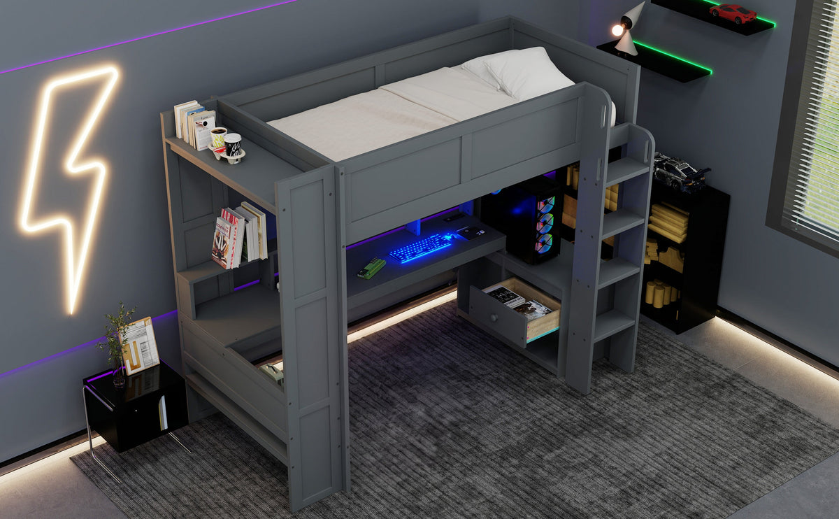 Wood Twin Size Gaming Loft Bed with Desk, Multi-storage Shelves, LED and Charging Station