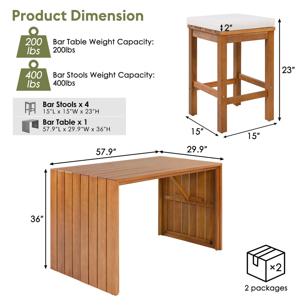 5 Piece Outdoor Bar Set, Patio Acacia Wood Bar Height Table & Stools