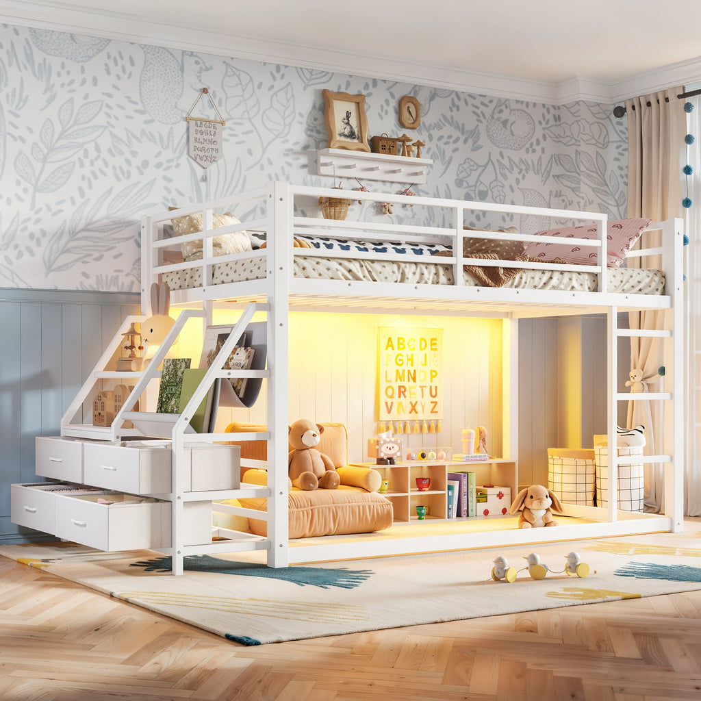 Twin Over Twin Bunk Bed with Storage Shelves and LED Lights