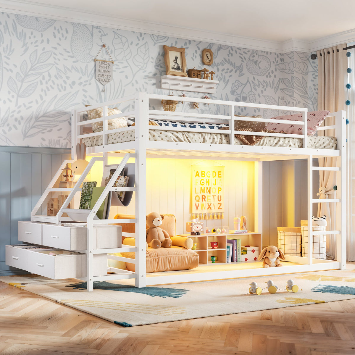 Twin Over Twin Bunk Bed with Storage Shelves and LED Lights