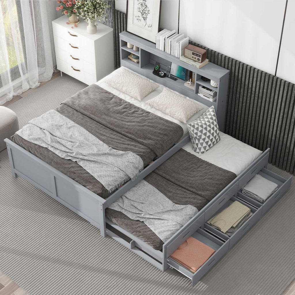 Full Size Platform Bed with Storage Headboard, USB, Twin Size Trundle and 3 Drawers