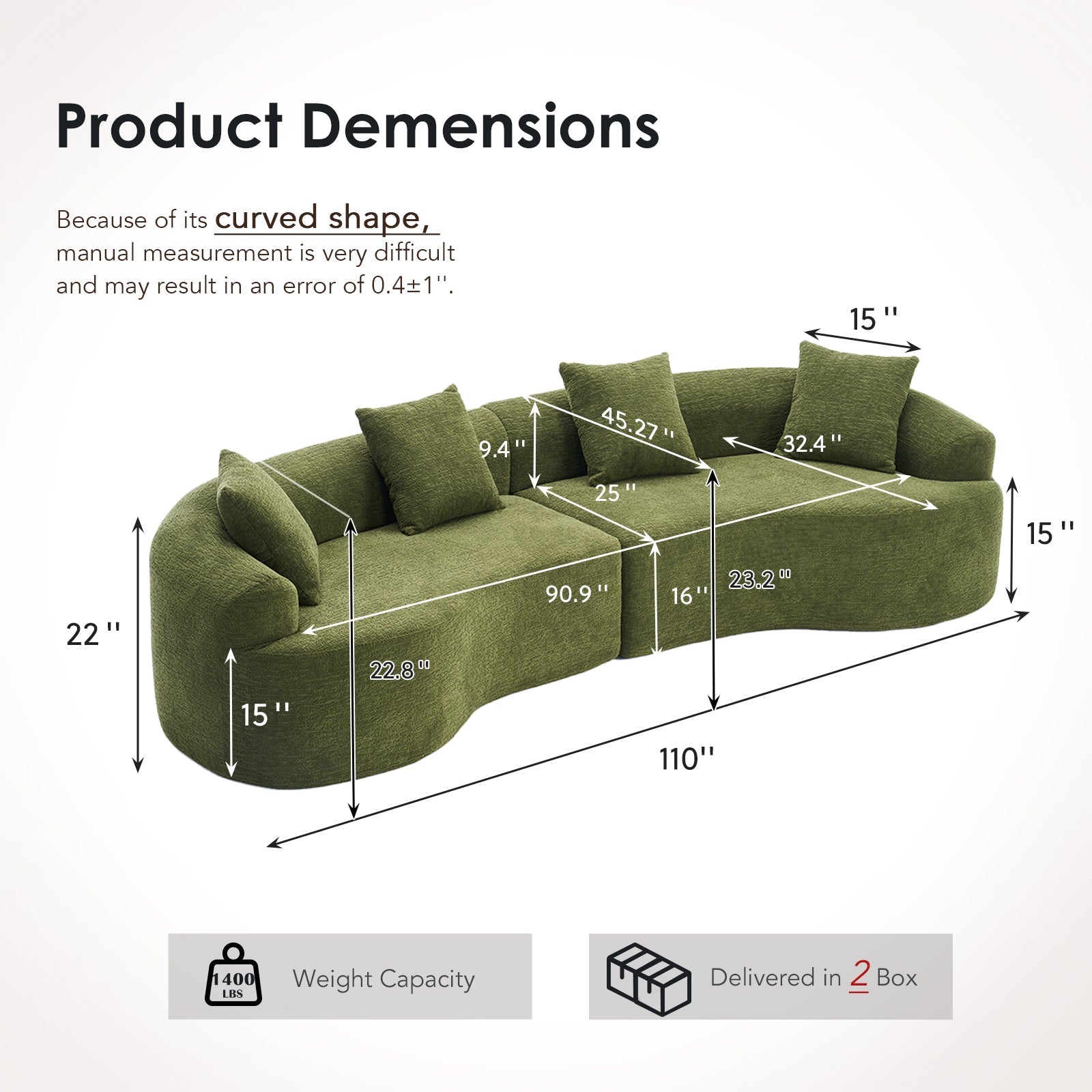 Curved Boneless Sofa, Compression Modular 110'' Sectional