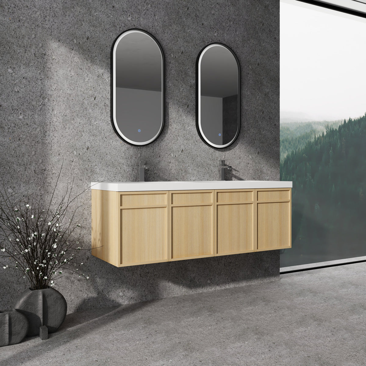 60" Wall-Mounted Bathroom Vanity with Double Resin Sink
