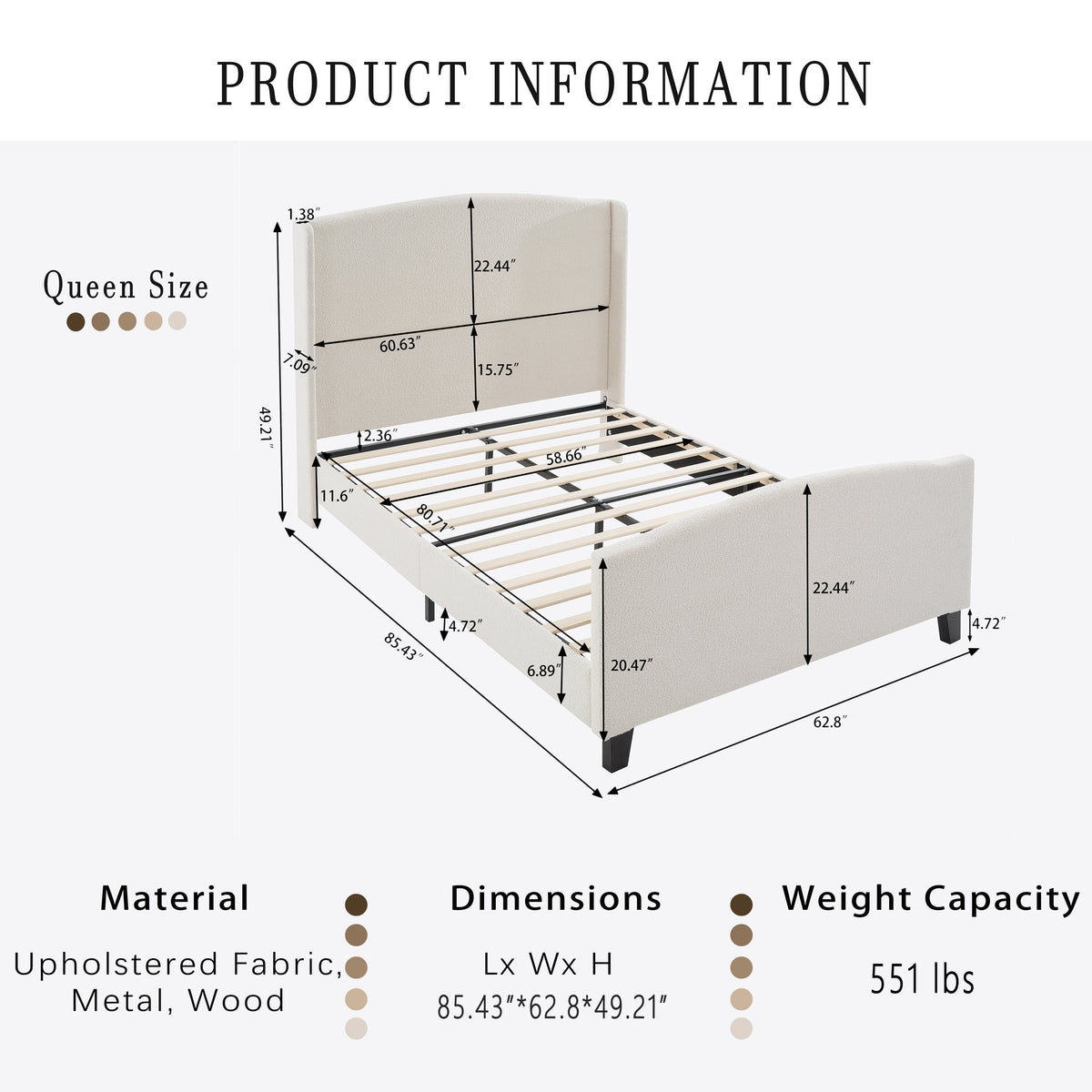 Queen Size Bed Frame with Upholstered Headboard