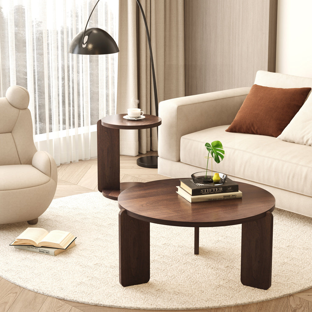32.68 Inch Nesting Round Wood Coffee Table with End Table Set of 2