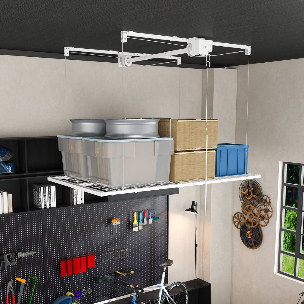 White Overhead Garage Storage Rack 4x8 FT for High Ceilings