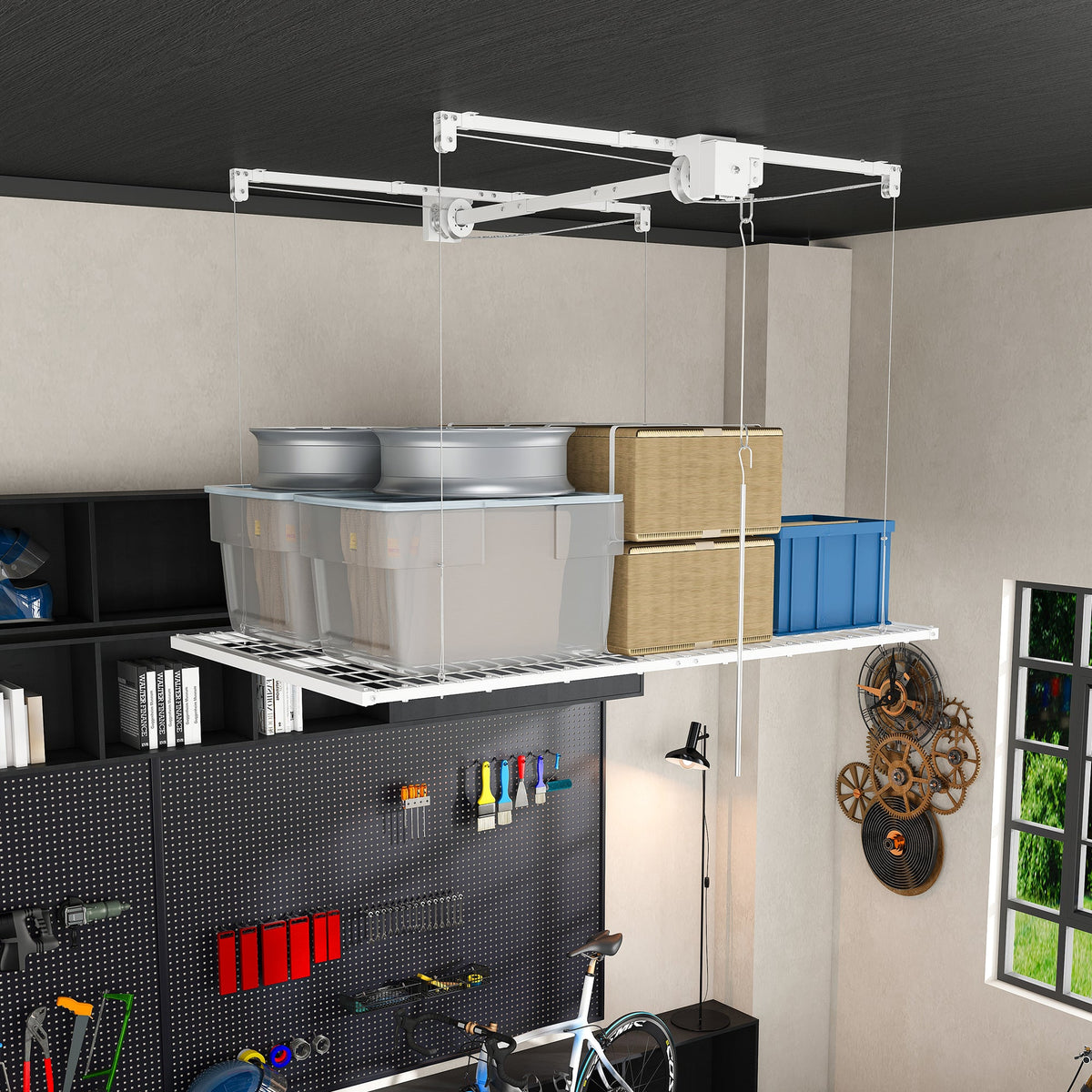 White Overhead Garage Storage Rack 4x8 FT for High Ceilings