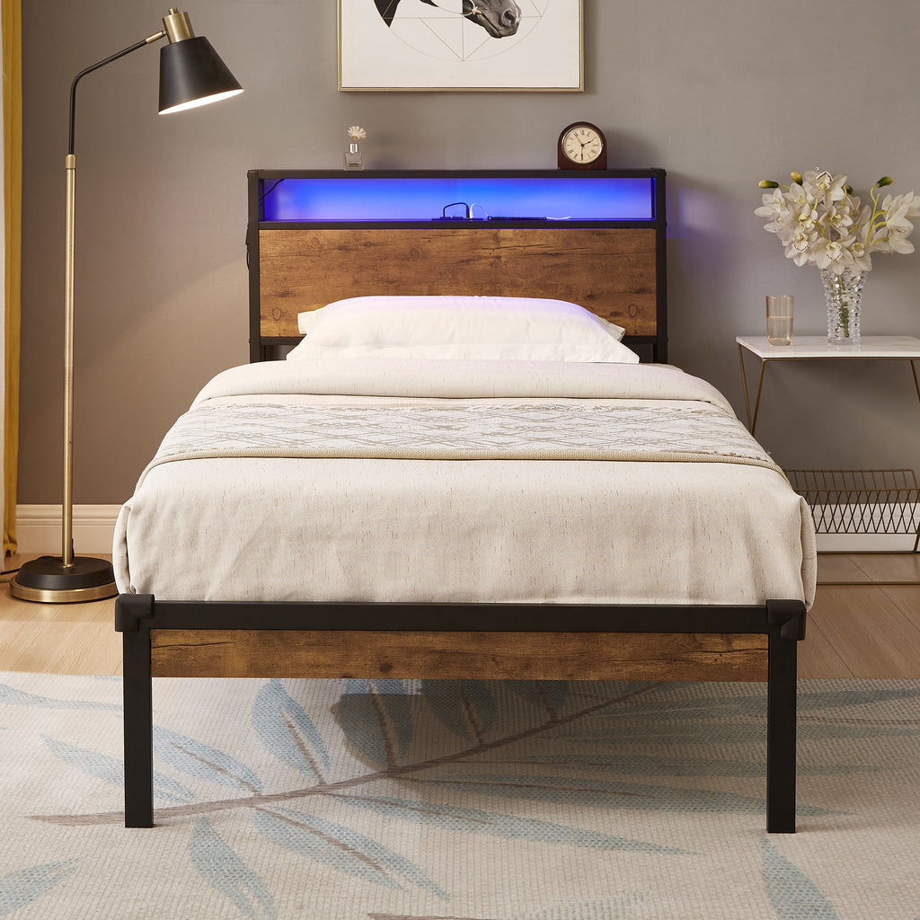 Twin Size Metal Platform Bed Frame with Wooden Headboard