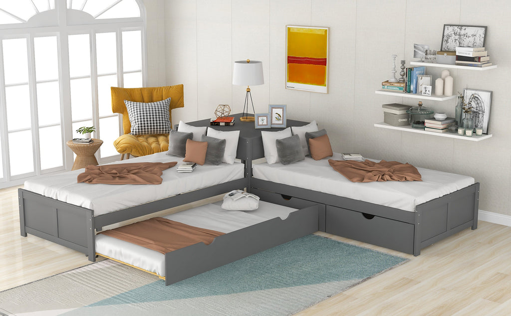 L-Shaped Platform Bed with Trundle and Built-In Desk - Gray