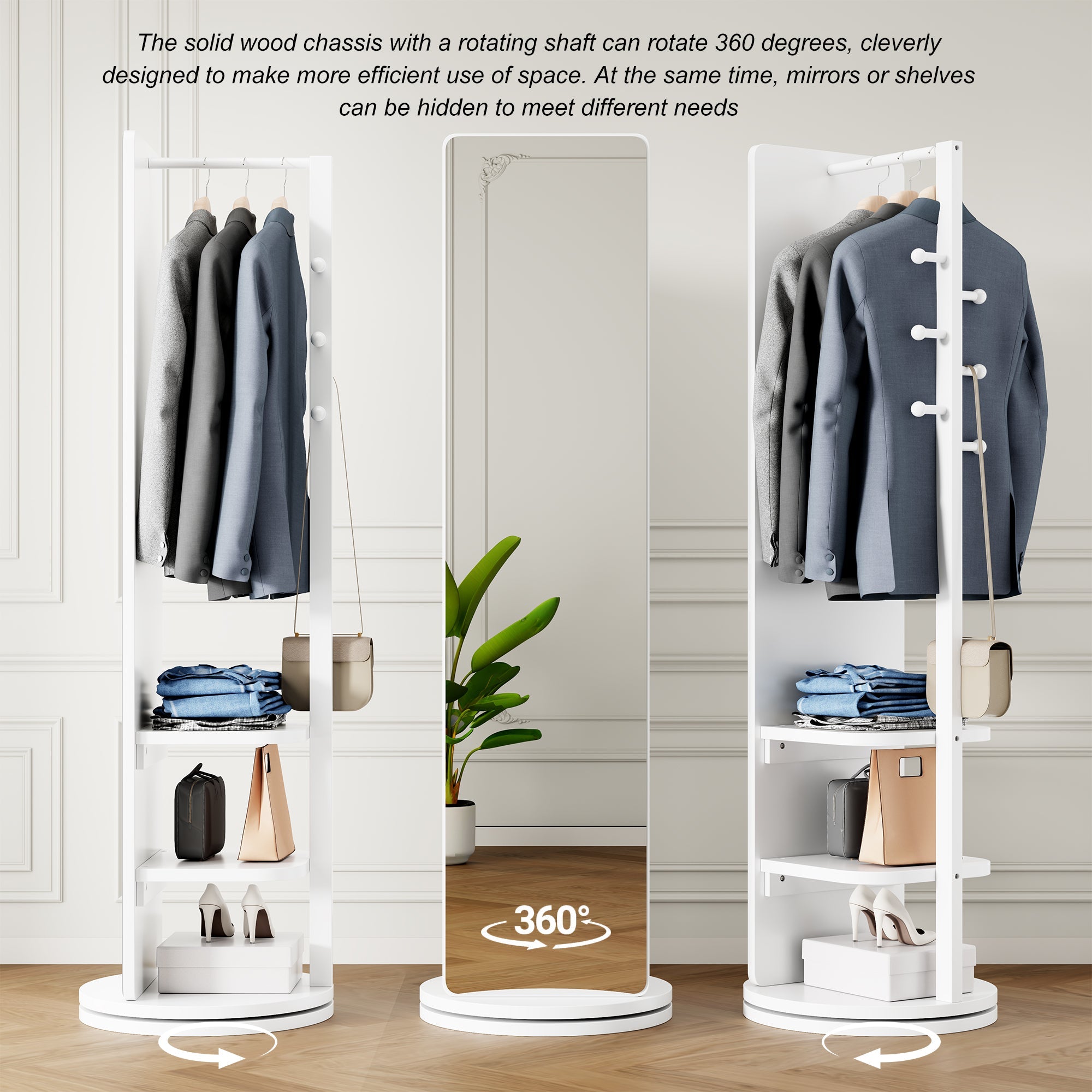 360° Rotating Full Length Mirror with Hook Storage Rack