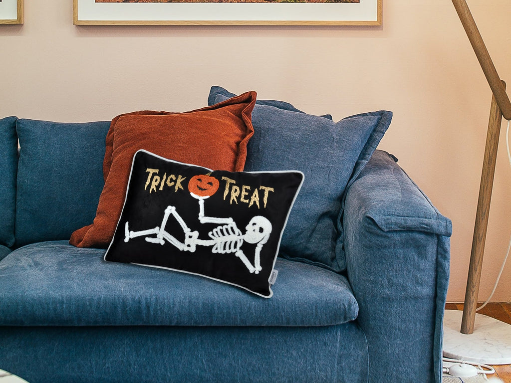Trick or Treat Skeleton Velvet Throw Pillow