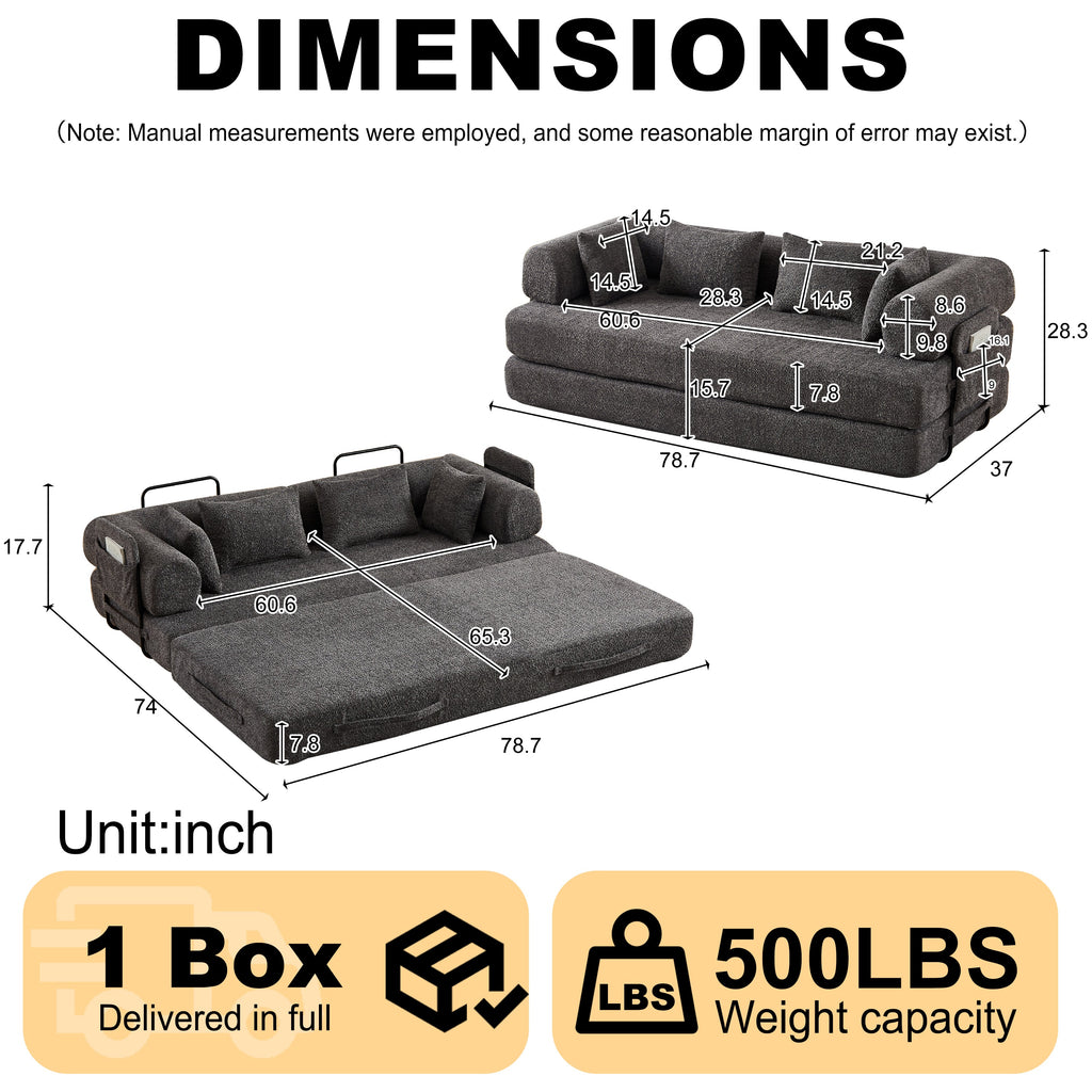 78.7-Inch Convertible Sleeper Sofa Bed with Cylindrical Pillow