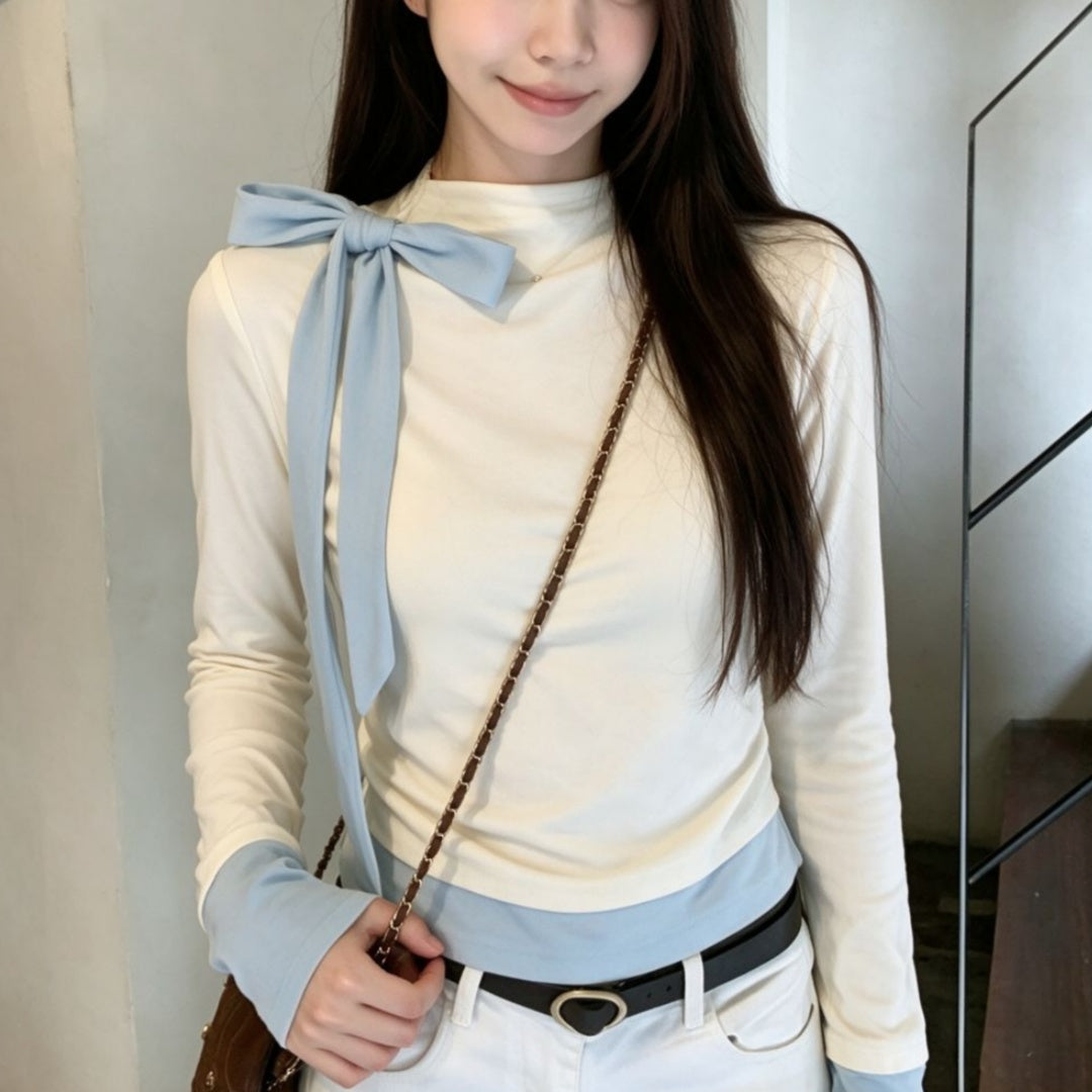 Light Blue Long-sleeved Blouse With A Bow For Women