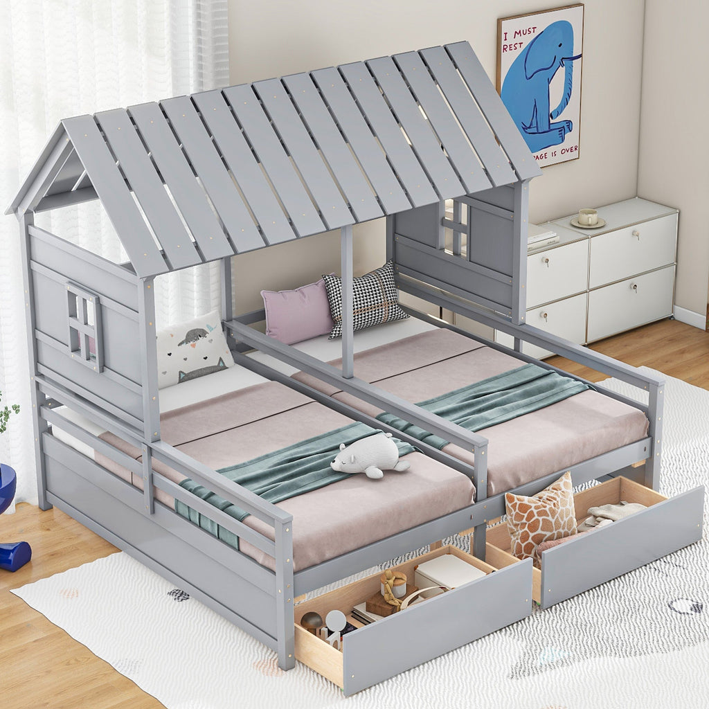 Twin Size House Platform Beds with Storage Drawers