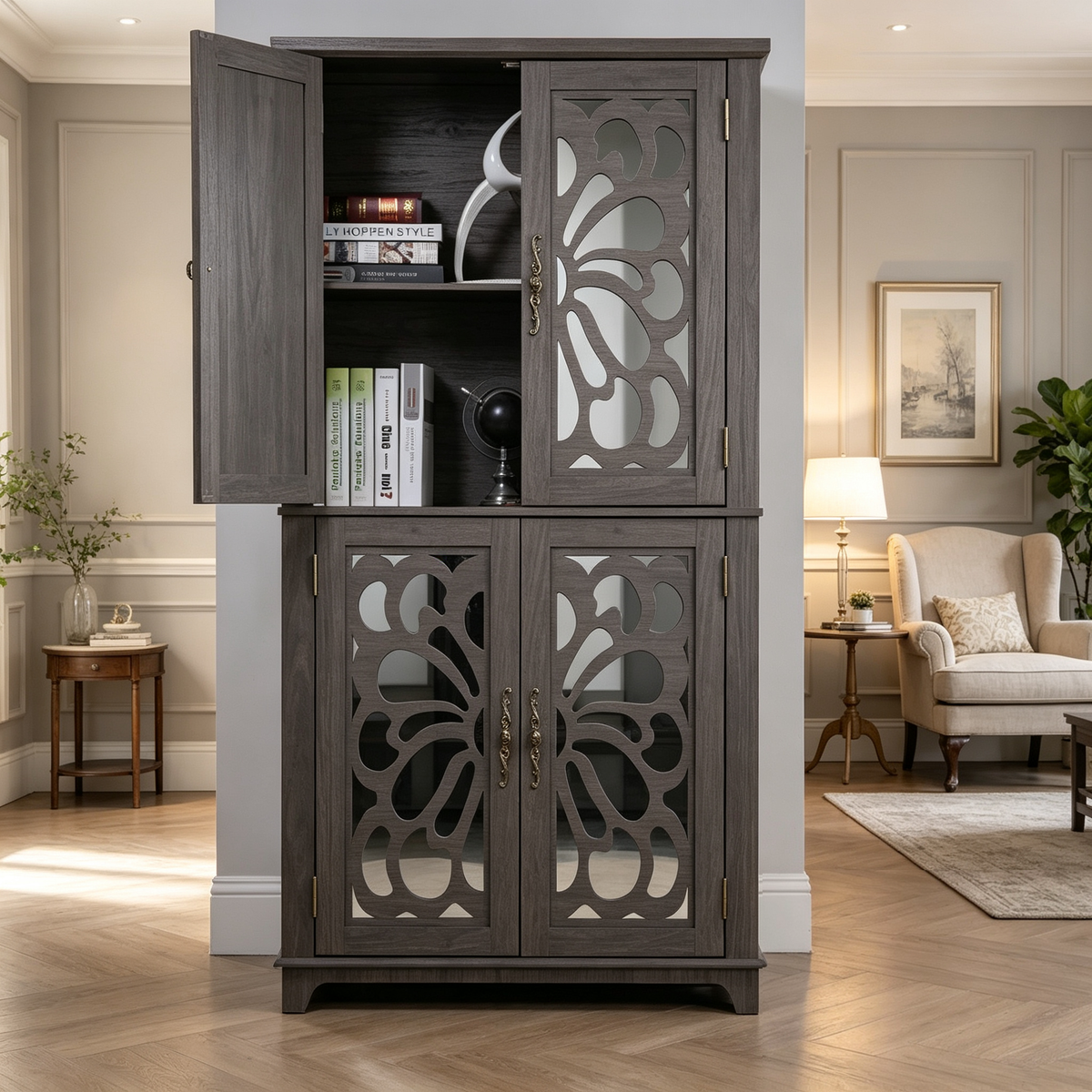 Display Sideboard Buffet with 4 Acrylic Mirrored Doors