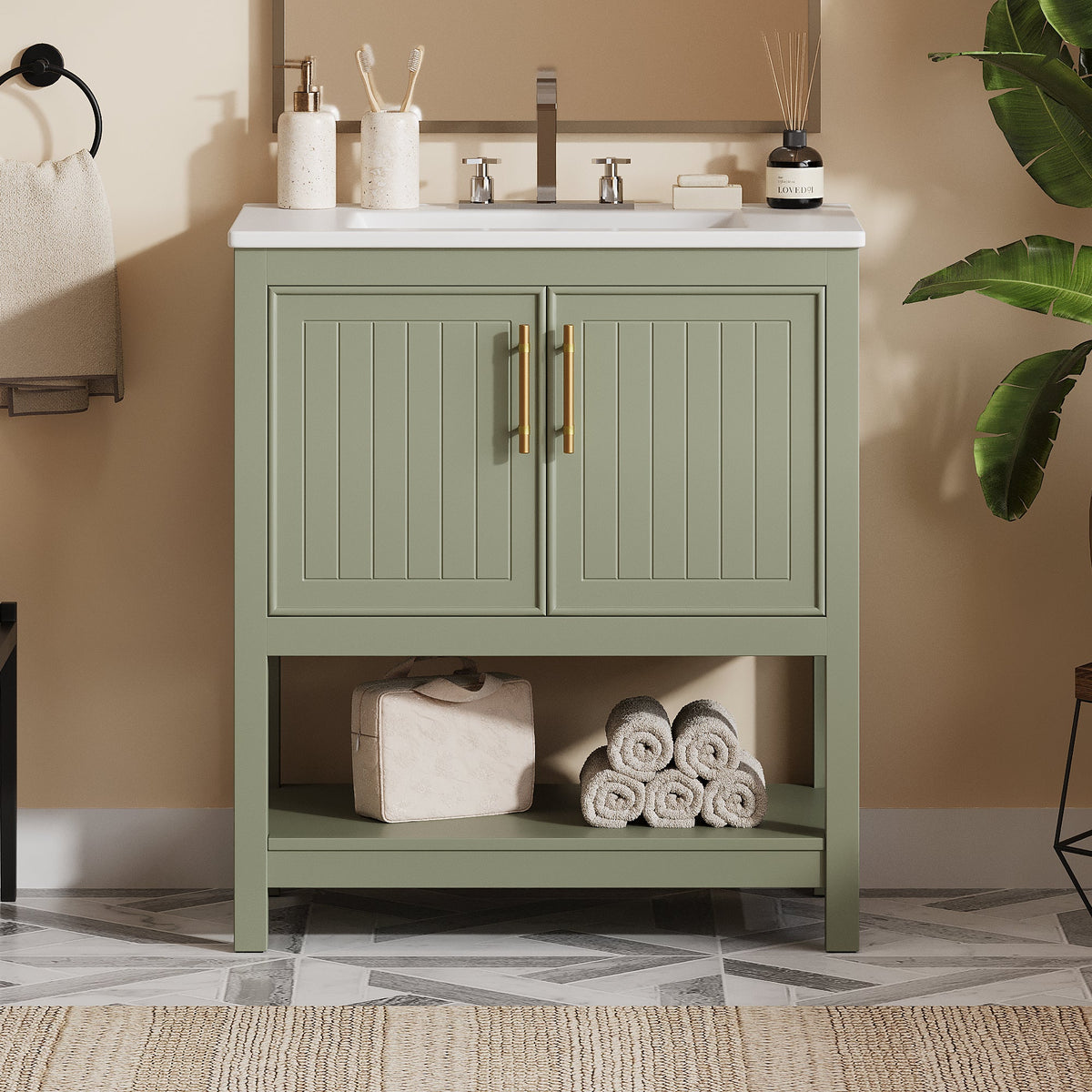 30-Inch Green Bathroom Vanity with Ceramic Sink