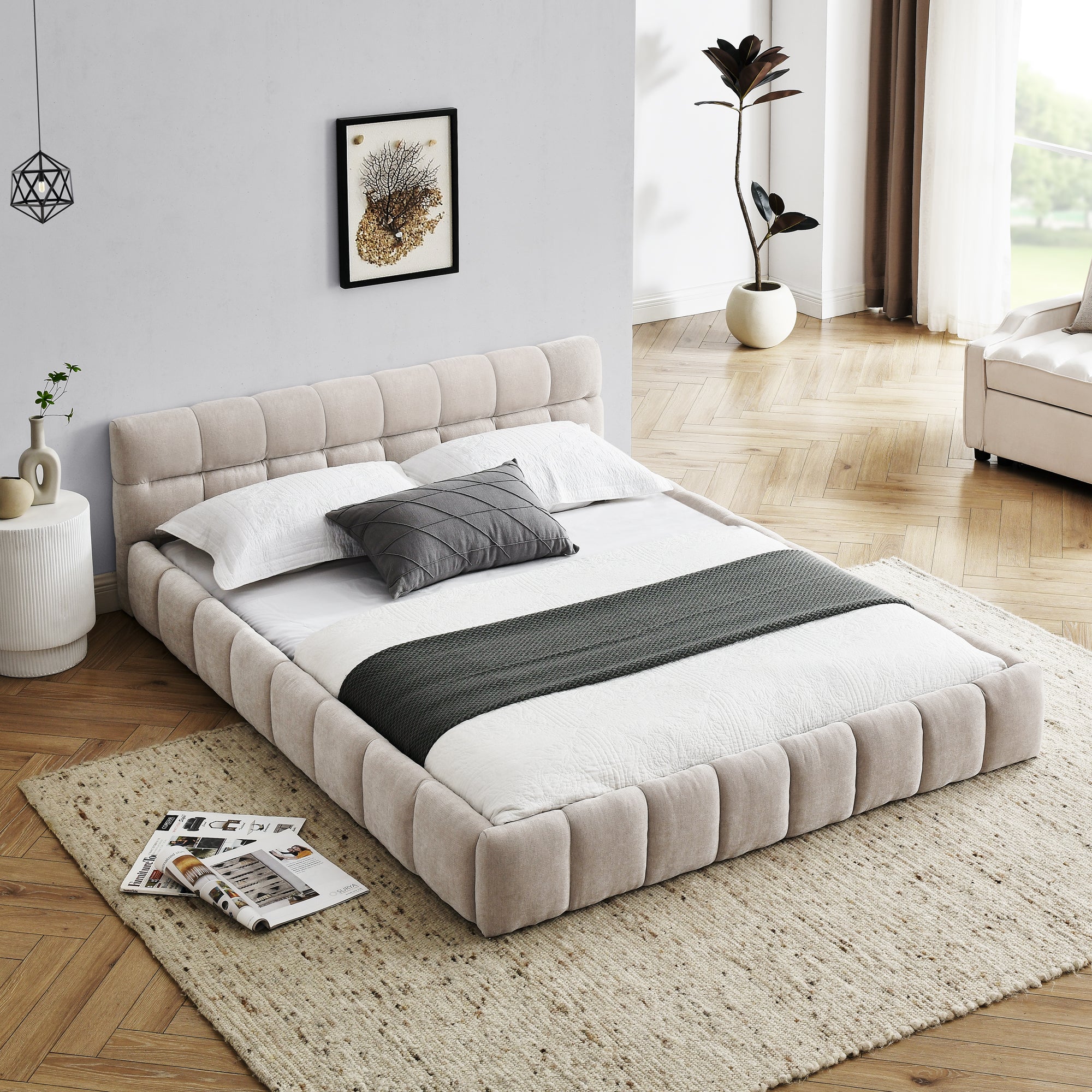 Queen Size Upholstered Bed Frame with Thick Fabric