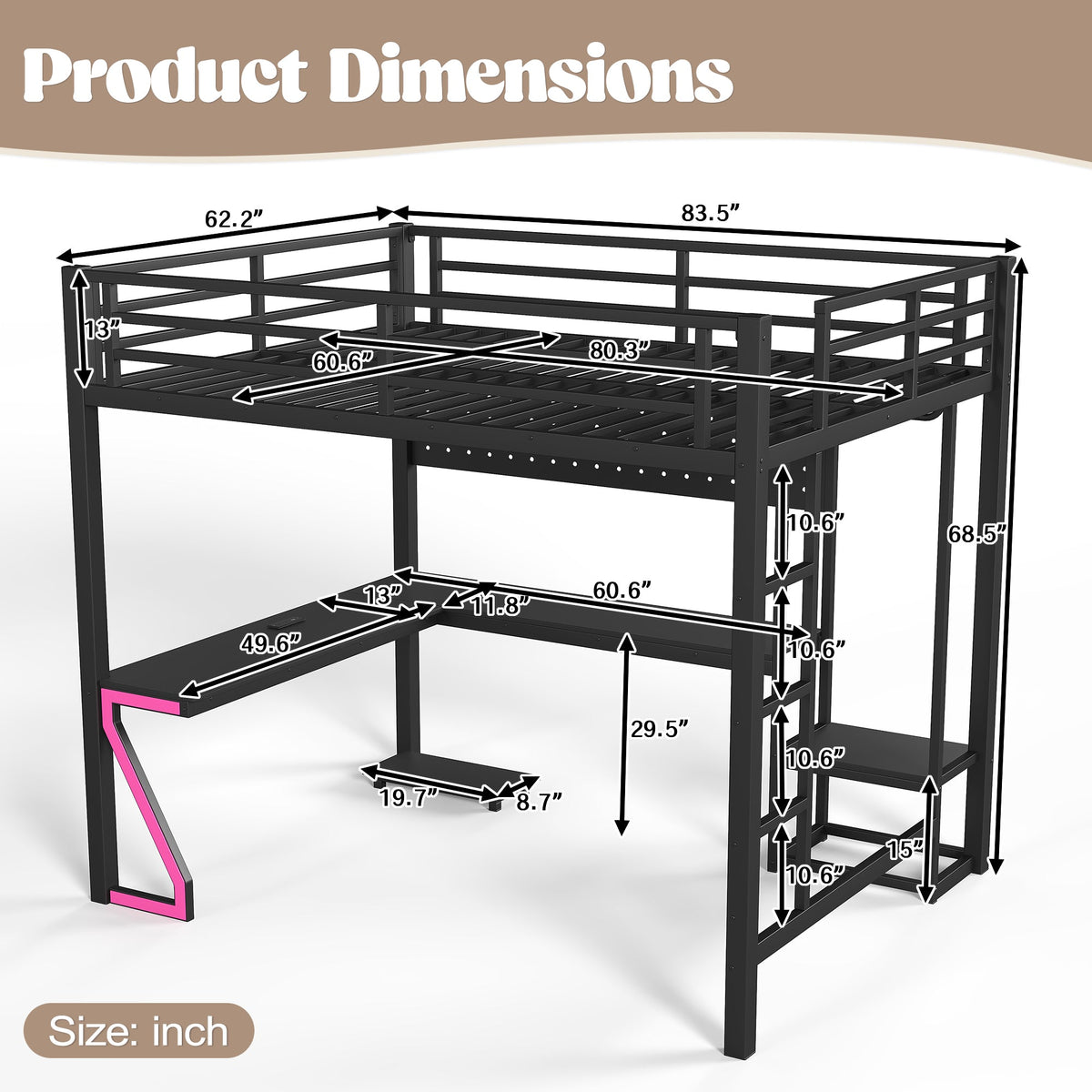 Queen Loft Bed with L-shaped Desk and USB Ports
