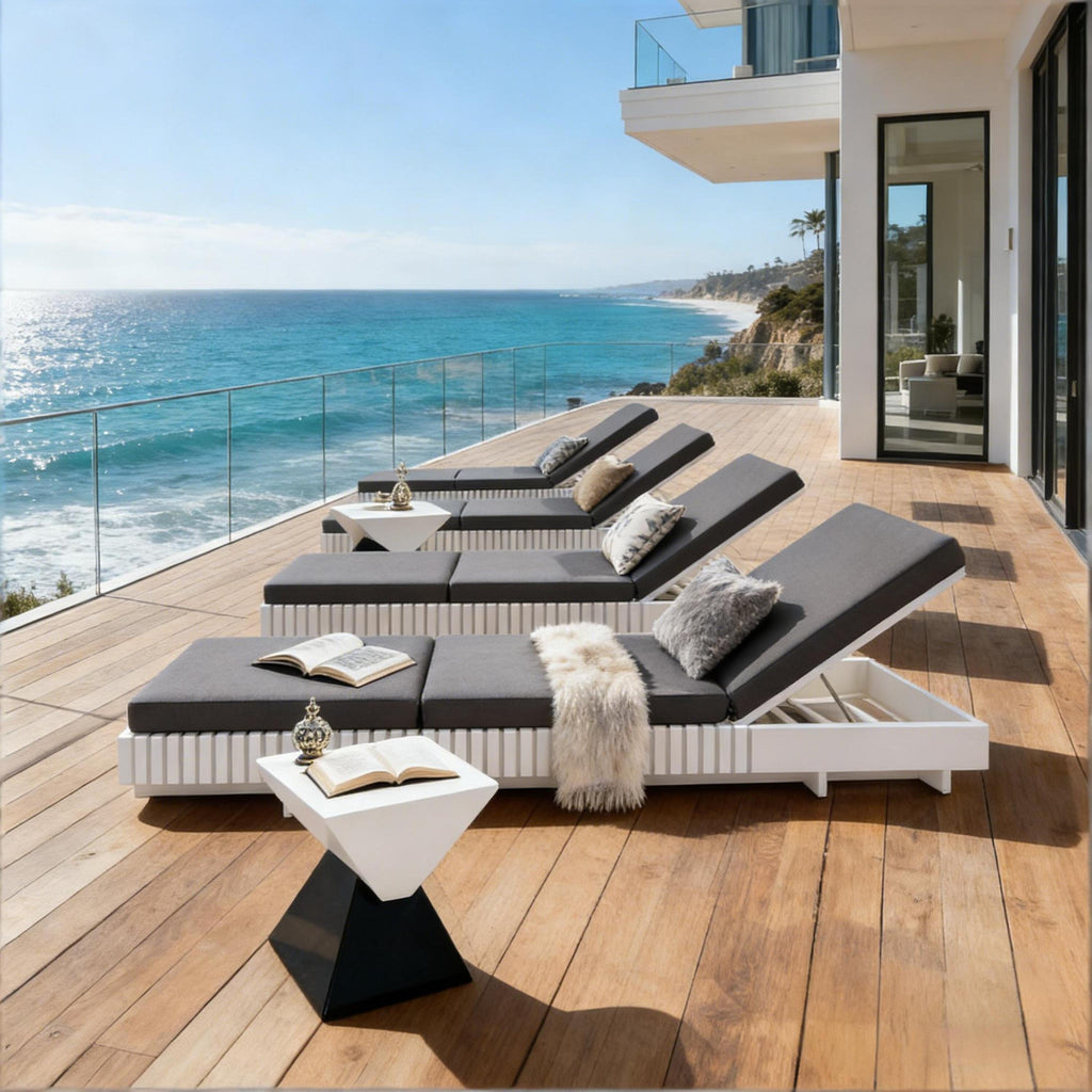 White Acacia Solid Wood Outdoor Chaise Lounge with Dark Cushions
