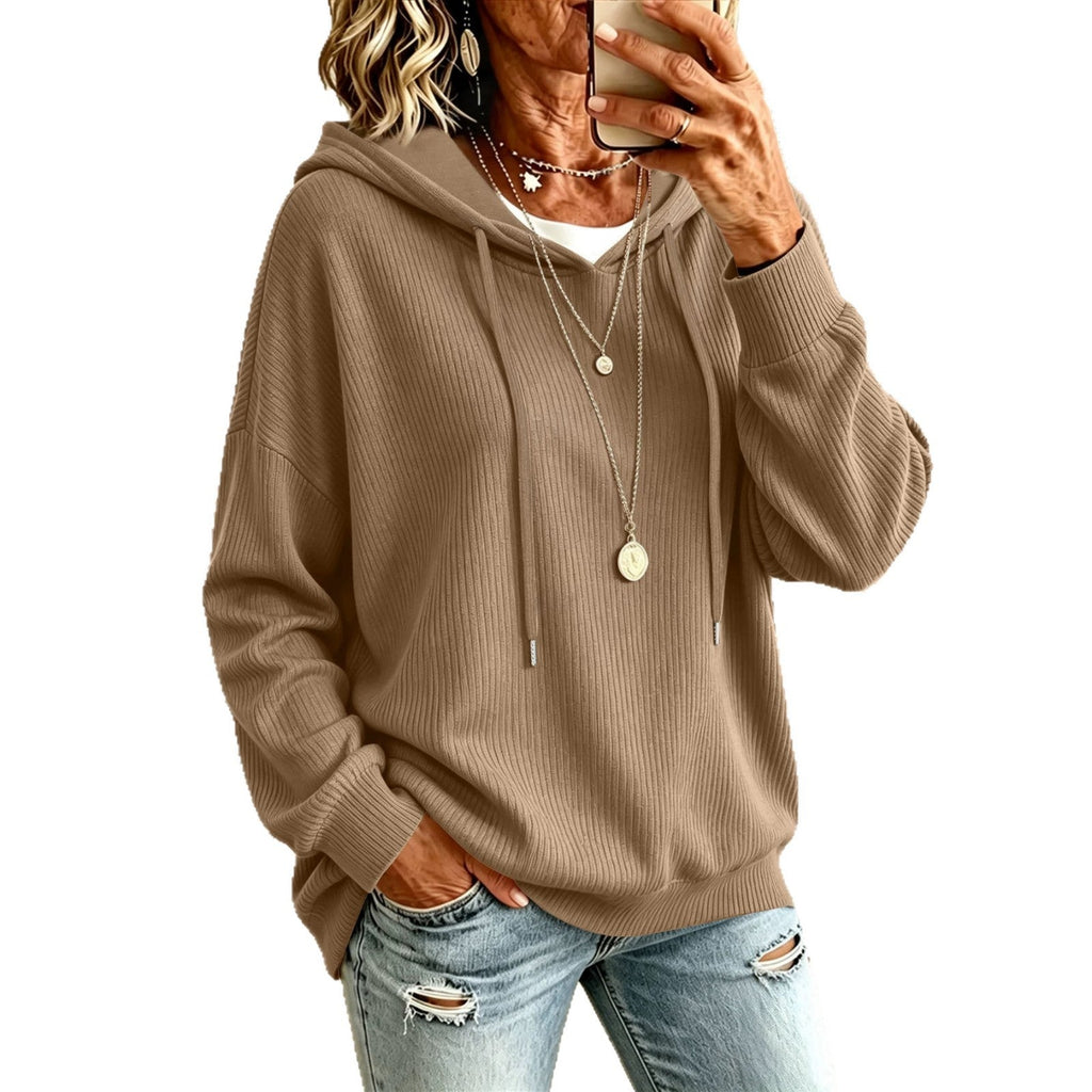 European Size Cross-border Solid Color Drawstring Hooded Knitted Sweater Casual Pocket Loose Slimming Large Size Women's Outer Top