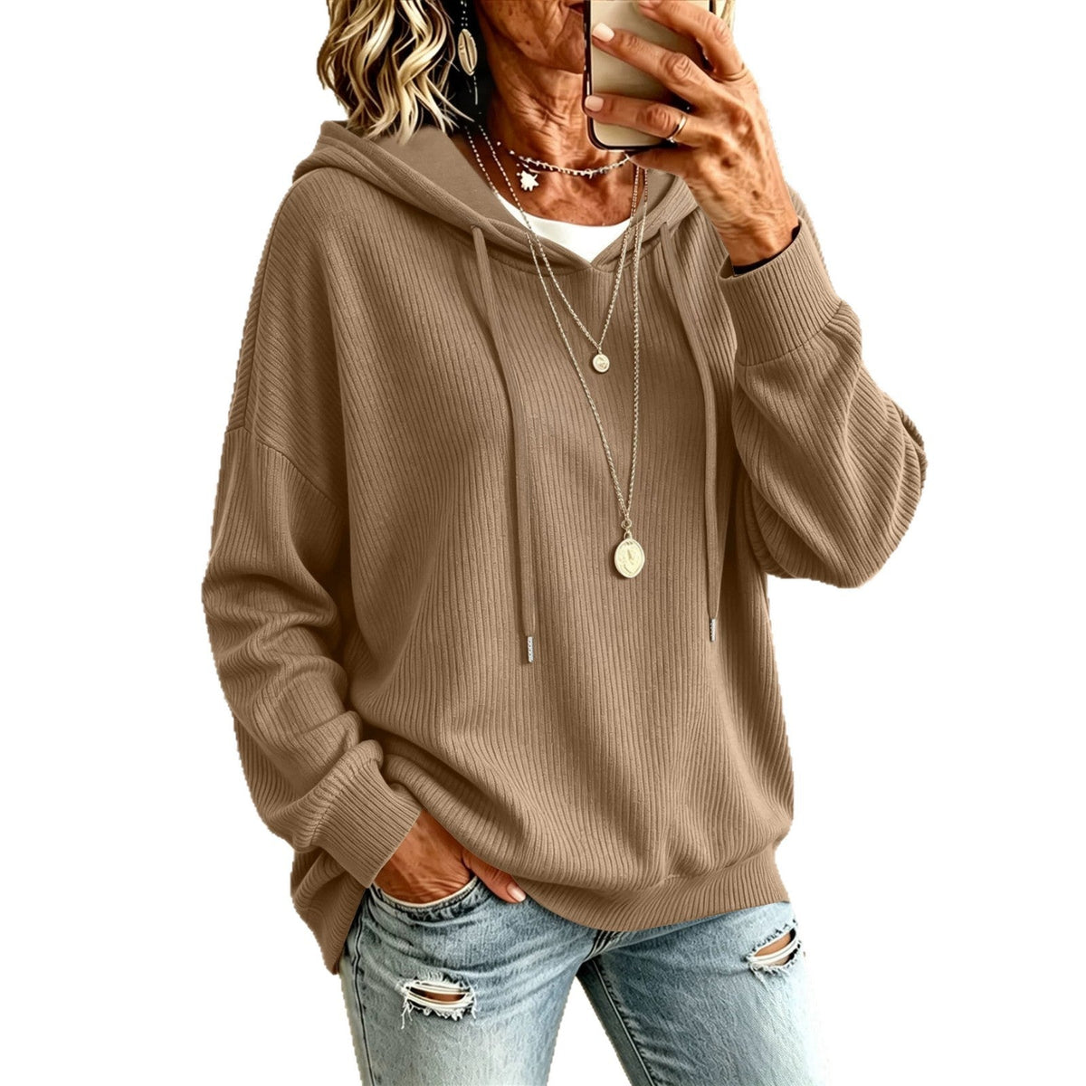European Size Cross-border Solid Color Drawstring Hooded Knitted Sweater Casual Pocket Loose Slimming Large Size Women's Outer Top
